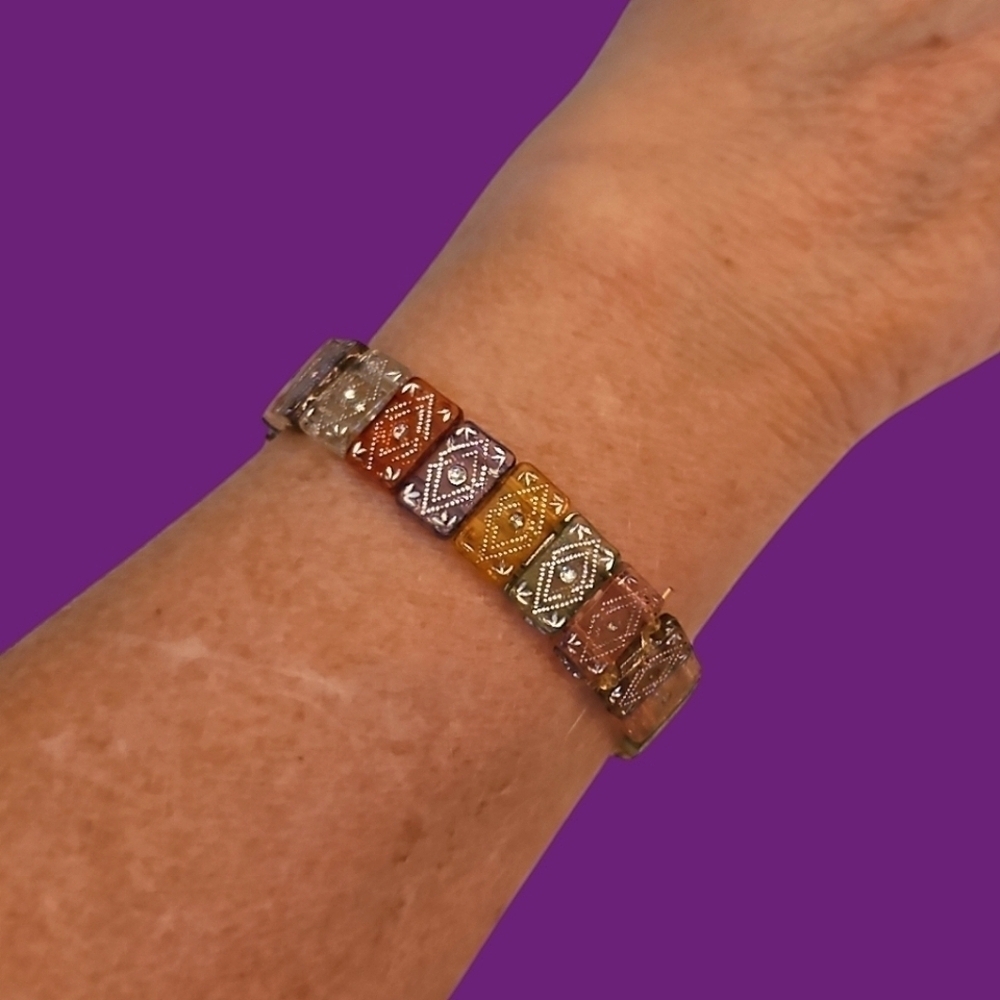 Vintage Ethnic Boho Rainbow Tile Acrylic Stretch Bracelet